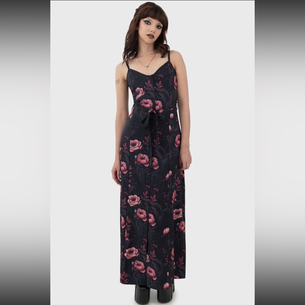 KILLSTAR COTTAGE CHORUS BLACK & PINK FLORAL PRINT MAXI DRESS - LIKE NEW